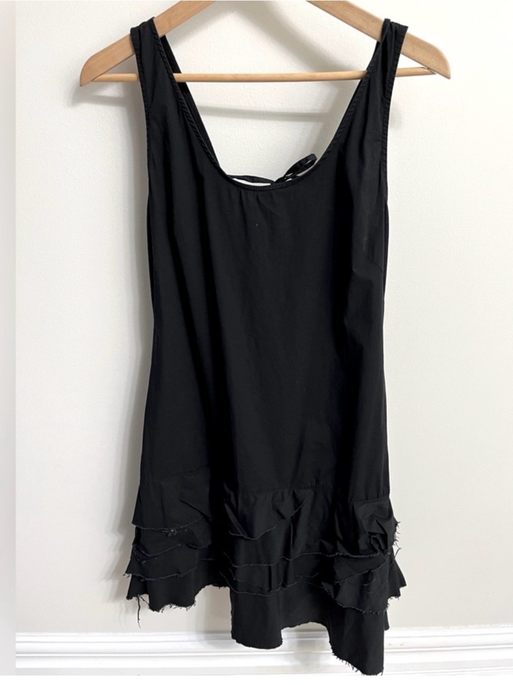 Zara Black Sleeveless Mini Dress with Tiered Raw-Hem Ruffles. 97% cotton
